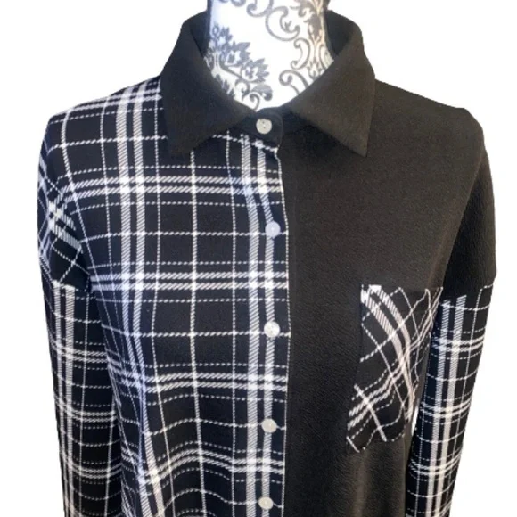 SHEIN Women’s M Oversized Color Block Black & White Plaid Button Down Shirt - Picture 3 of 12